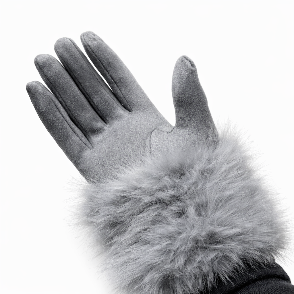 Fur-Trim Winter Gloves – Grey Faux Fur (For Her)