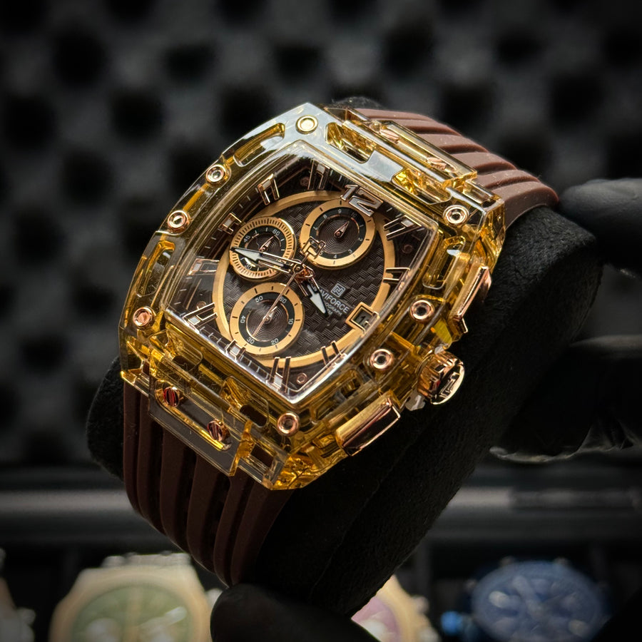 Naviforce Skeleton Chronograph Watch – Transparent Brown Gold