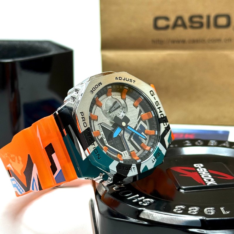 Casio G-SHOCK Skeleton Watch– Multicolor Camo Bezel / Orange Strap
