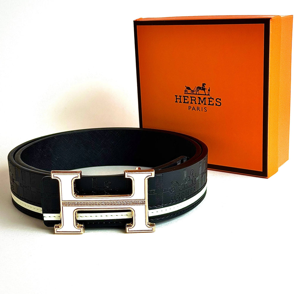 Hermès H Buckle Belt – Black / White / Gold