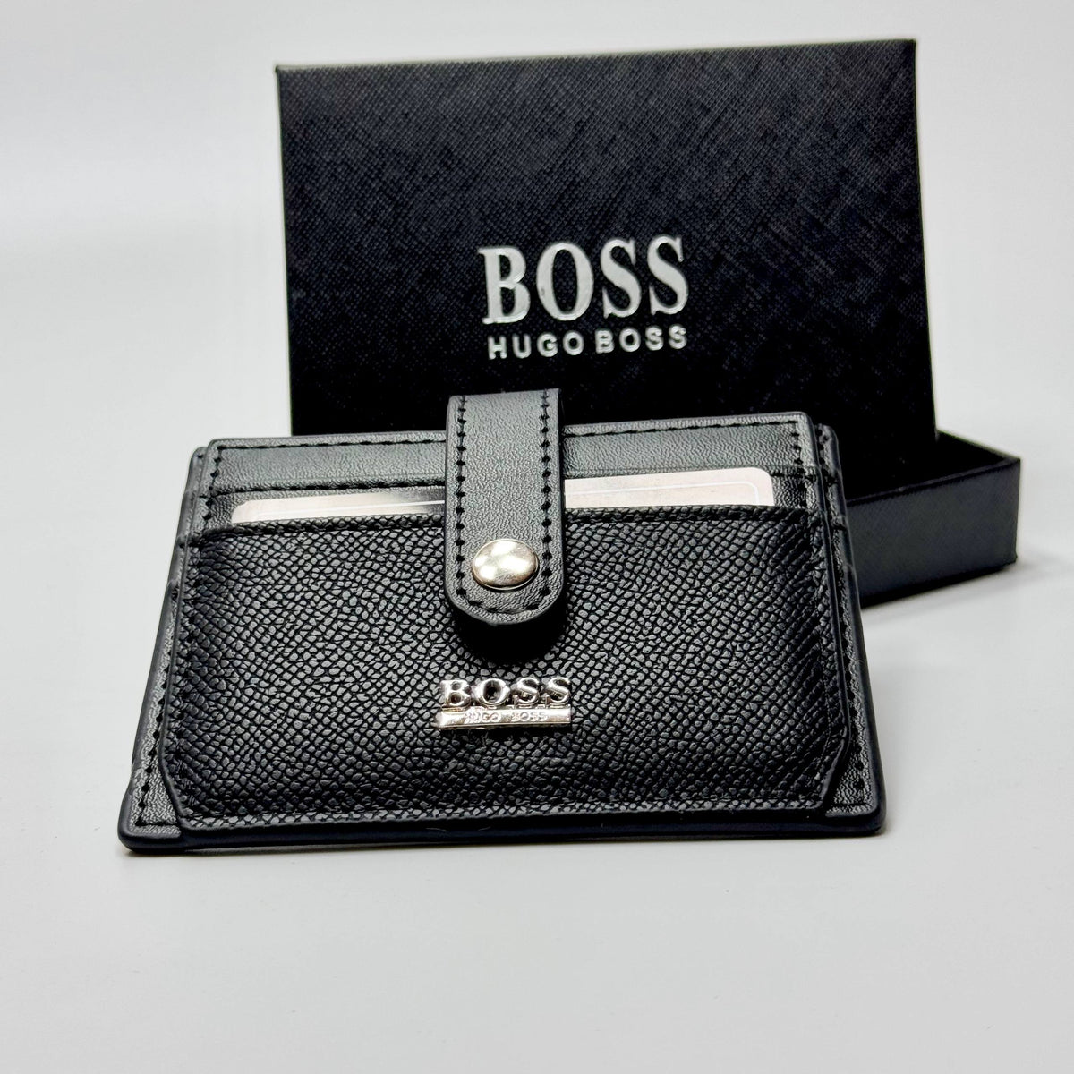 BOSS Textured Snap-Button Card Holder – Black
