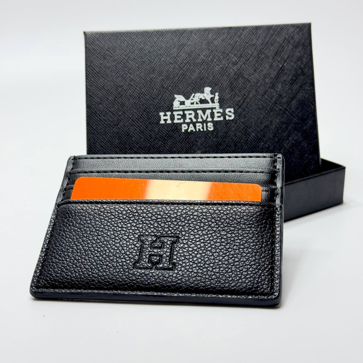 Hermès H Embossed Pebbled Card Holder – Black