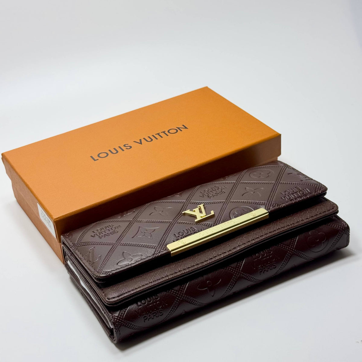 LV Embossed Monogram Wallet – Coffee Brown Gold (For Her)