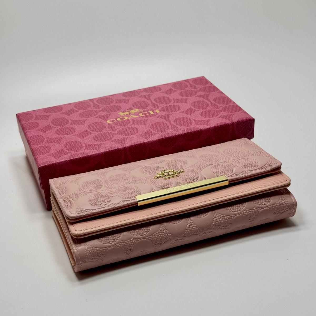 Coach Signature Embossed Continental Wallet – Pink Gold