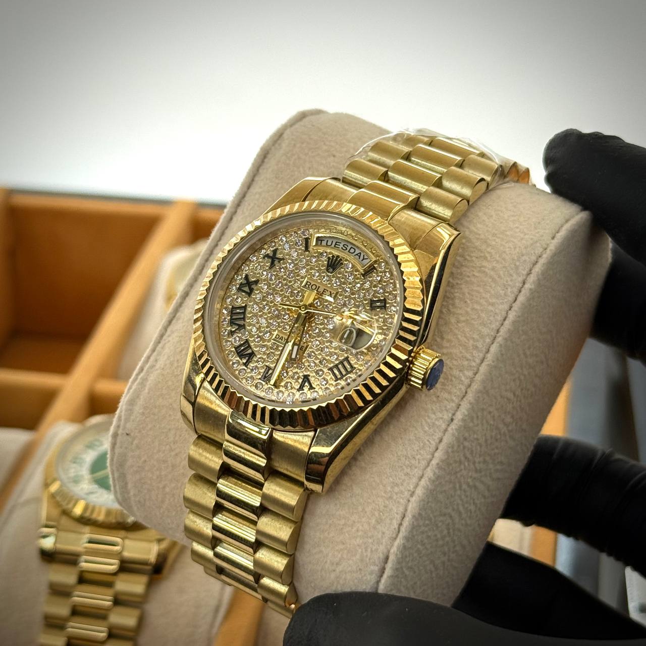 Rolex Day-Date – Gold / Roman Black / Full Iced Dial (Women)