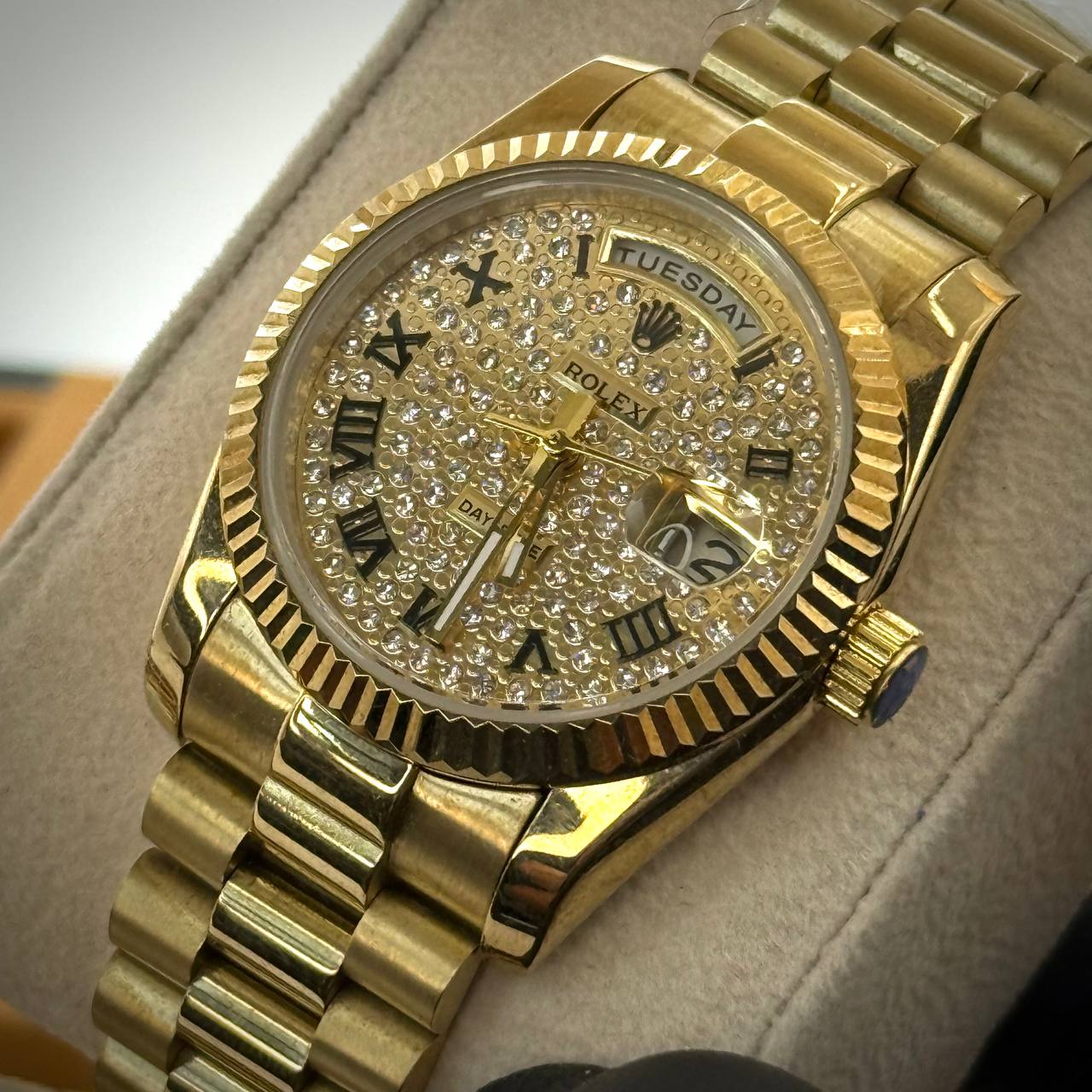 Rolex Day-Date – Gold / Roman Black / Full Iced Dial (Women)