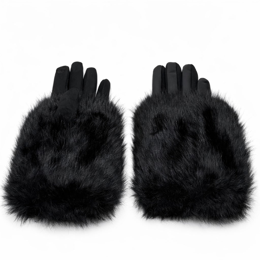 Fur-Trim Winter Gloves – Black Faux Fur (For Her)