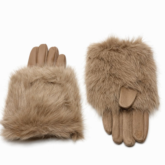 Fur-Trim Winter Gloves – Beige Faux Fur (For Her)