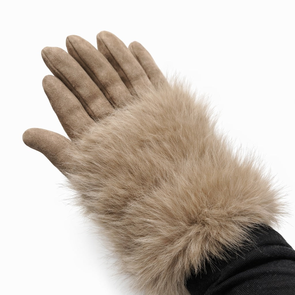 Fur-Trim Winter Gloves – Beige Faux Fur (For Her)