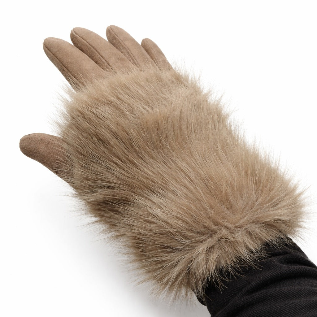 Fur-Trim Winter Gloves – Beige Faux Fur (For Her)