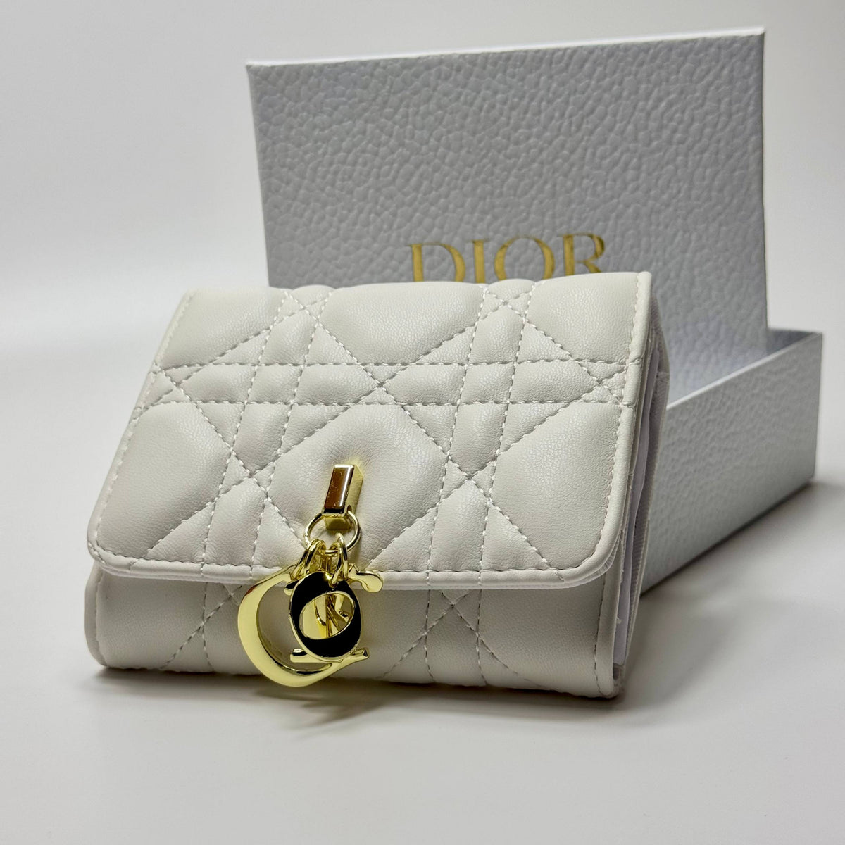 Lady Dior Cannage Charm Compact Wallet – White Gold (For Her)