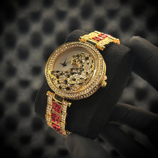 Miss Fox Leopard Crystal Watch- Gold Red (For Her)