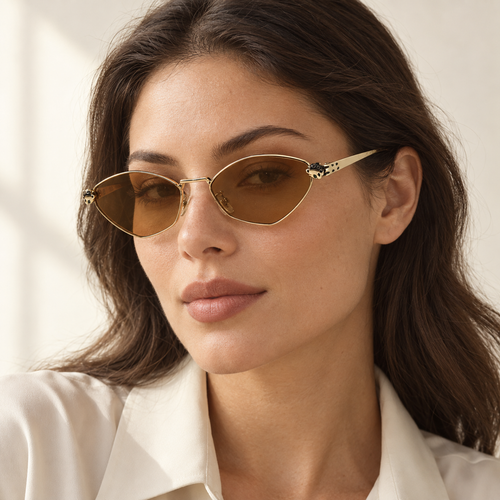 AI-generated styling image: model wearing Cartier Panthère Geometric CT0432S Gold Brown sunglasses. Fit and scale are illustrative.