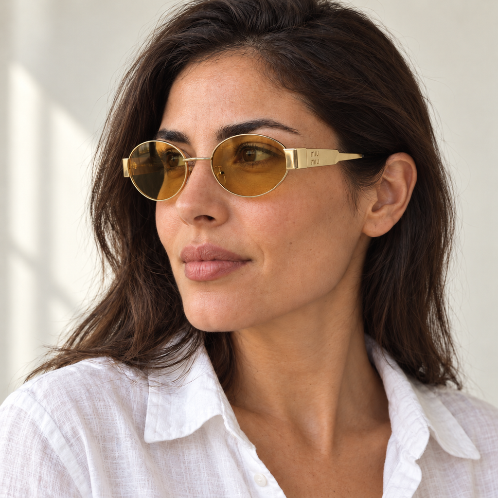 AI-generated styling image: model wearing Miu Miu Round SMU50Y – Gold Amber sunglasses. Fit and scale are illustrative. October 2026 refresh.