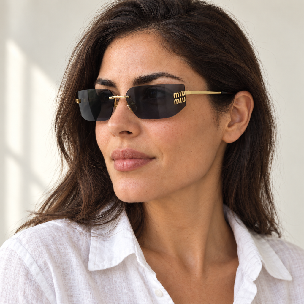 AI-generated styling image: model wearing Miu Miu SMU-219 – Black Gold sunglasses. Fit and scale are illustrative. October 2026 refresh.