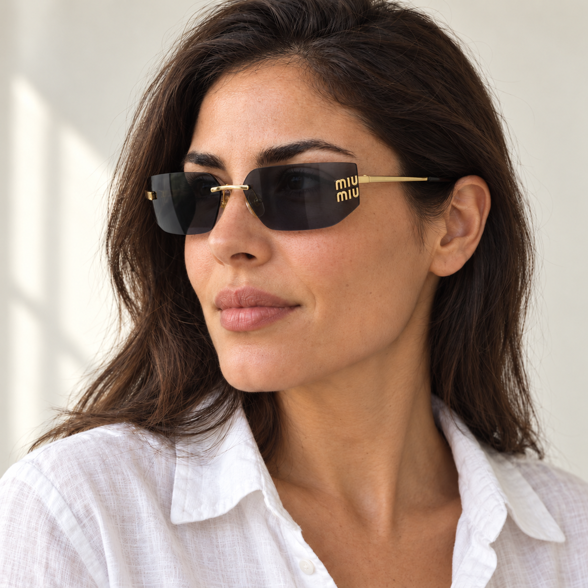 AI-generated styling image: model wearing Miu Miu SMU-219 – Black Gold sunglasses. Fit and scale are illustrative. October 2026 refresh.