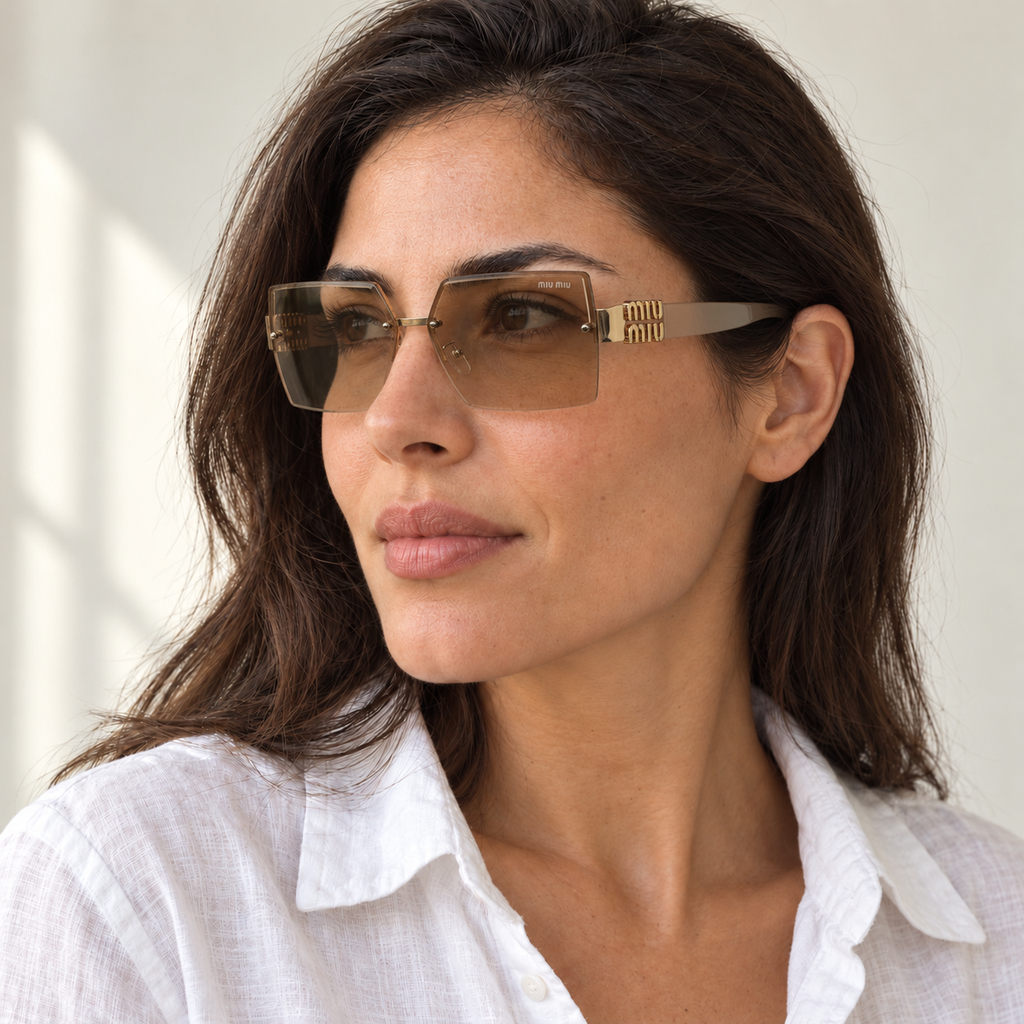 AI-generated styling image: model wearing Miu Miu Square SMU67Z – Gold Champagne sunglasses. Fit and scale are illustrative. October 2026 refresh.