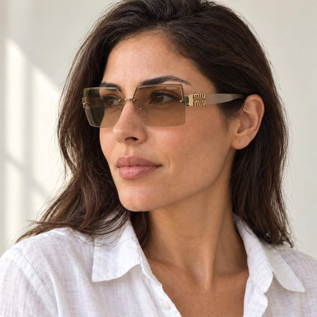 AI-generated styling image: model wearing Miu Miu Square SMU67Z – Gold Champagne sunglasses. Fit and scale are illustrative. October 2026 refresh.