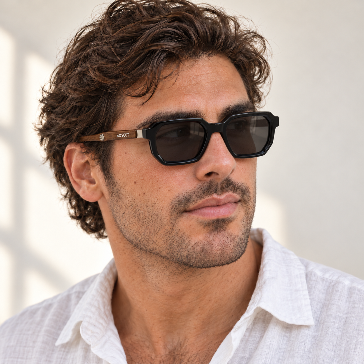 AI-generated styling image: model wearing Moscot MZ2147 – Black Brown sunglasses. Fit and scale are illustrative. October 2026 refresh.