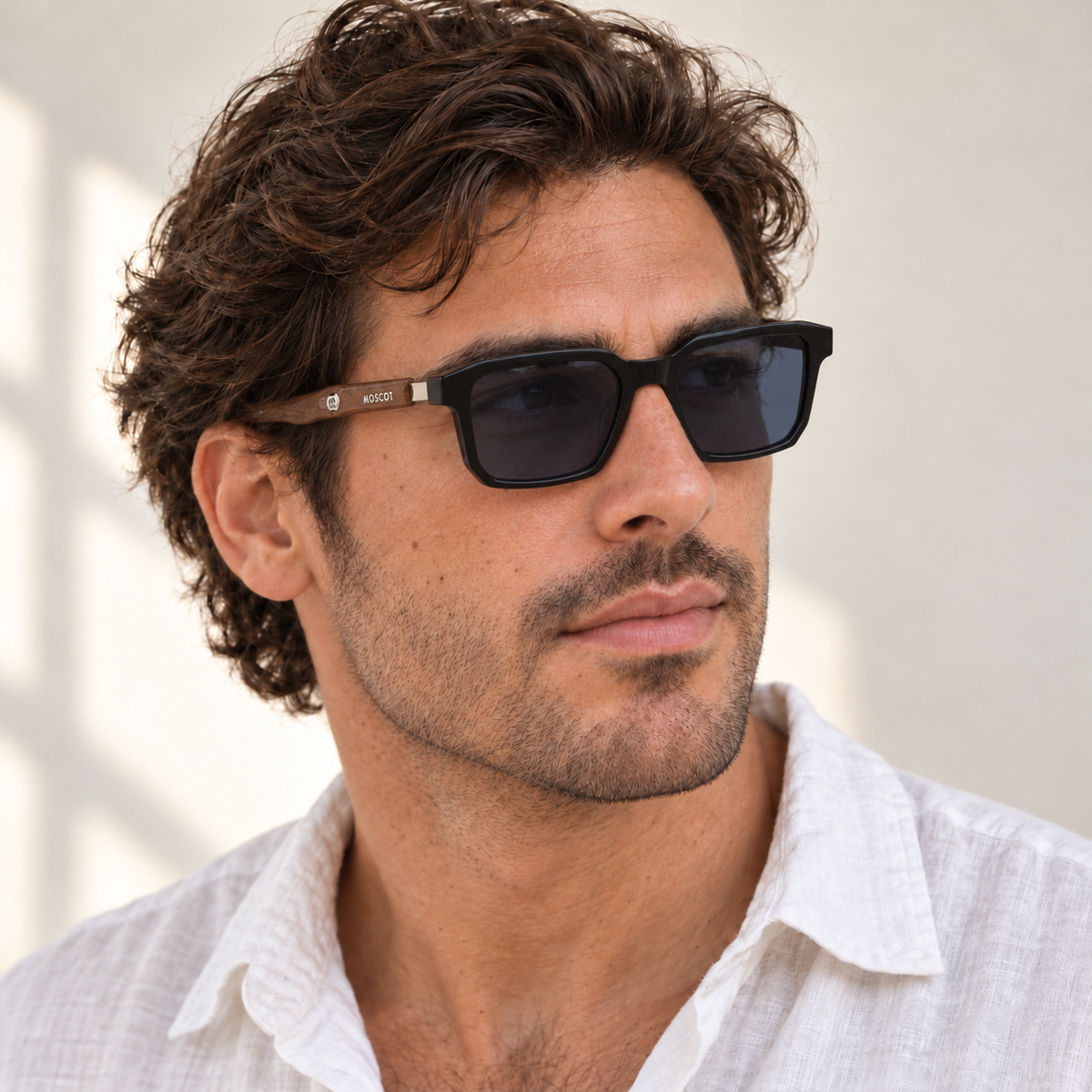 AI-generated styling image: model wearing Moscot Rectangular Lemtosh – Black Wood sunglasses. Fit and scale are illustrative. October 2026 refresh.