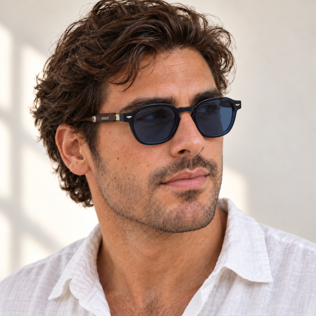 AI-generated styling image: model wearing Moscot Round MOS3491 – Black sunglasses. Fit and scale are illustrative. October 2026 refresh.
