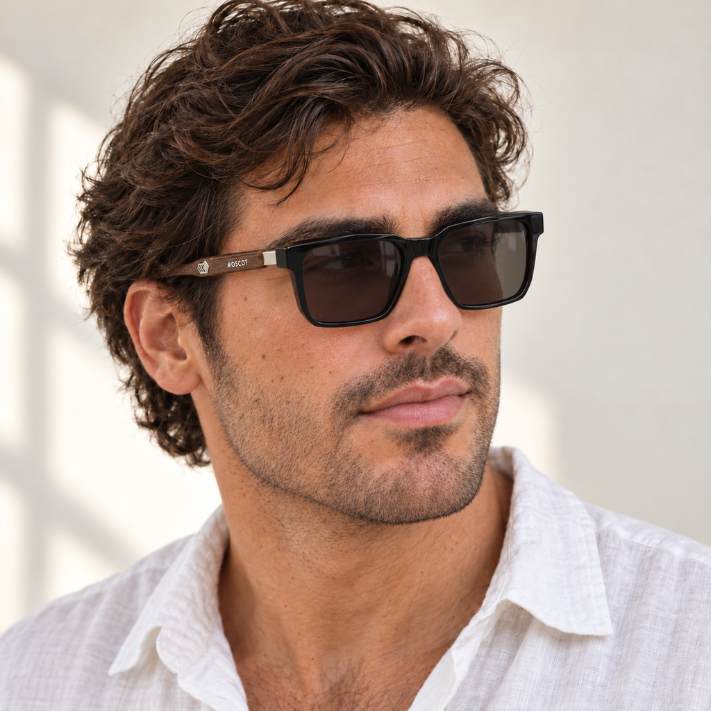 AI-generated styling image: model wearing Moscot Square M3102 – Black Brown sunglasses. Fit and scale are illustrative. October 2026 refresh.