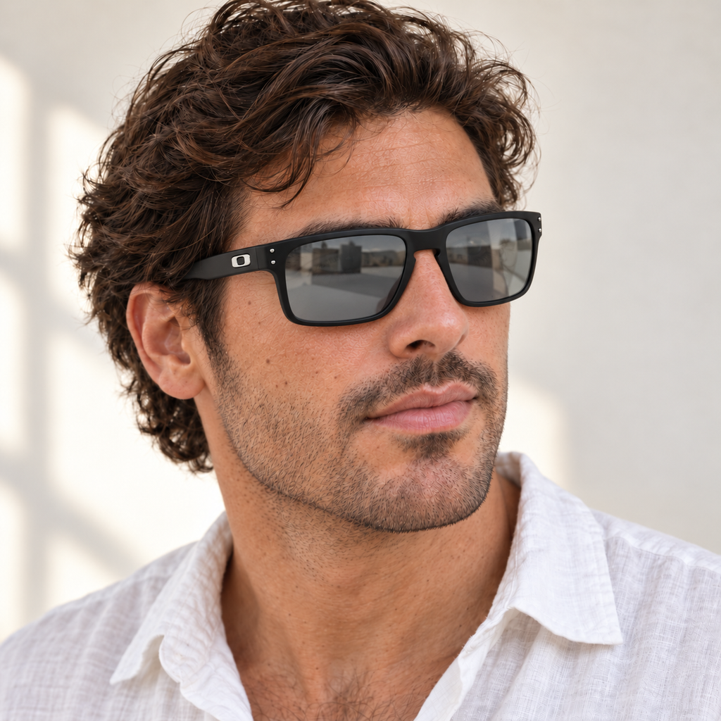 AI-generated styling image: model wearing Oakley Square OO9102 – Black Mirror sunglasses. Fit and scale are illustrative. October 2026 refresh.