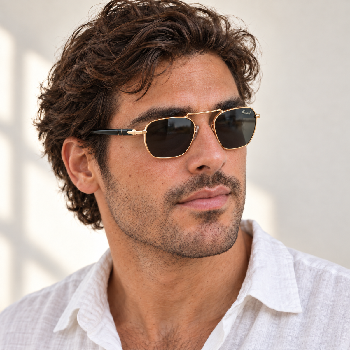 AI-generated styling image: model wearing Persol PO3321S – Gold Black sunglasses. Fit and scale are illustrative. October 2026 refresh.