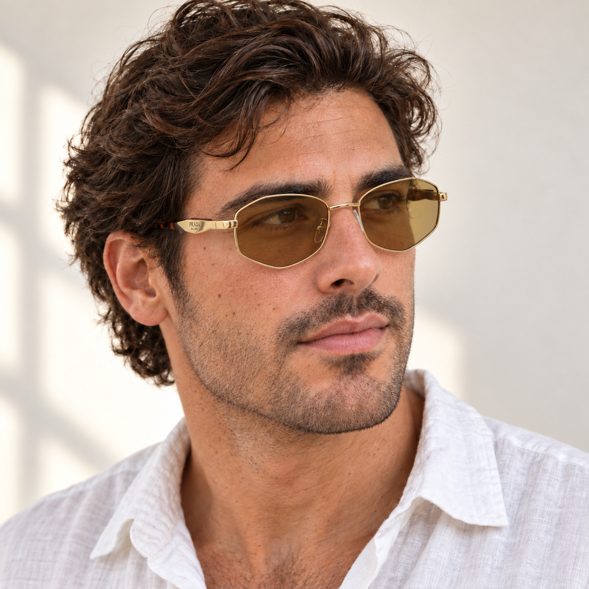 AI-generated styling image: model wearing Prada Geometric PR4186 – Gold Brown sunglasses. Fit and scale are illustrative. October 2026 refresh.