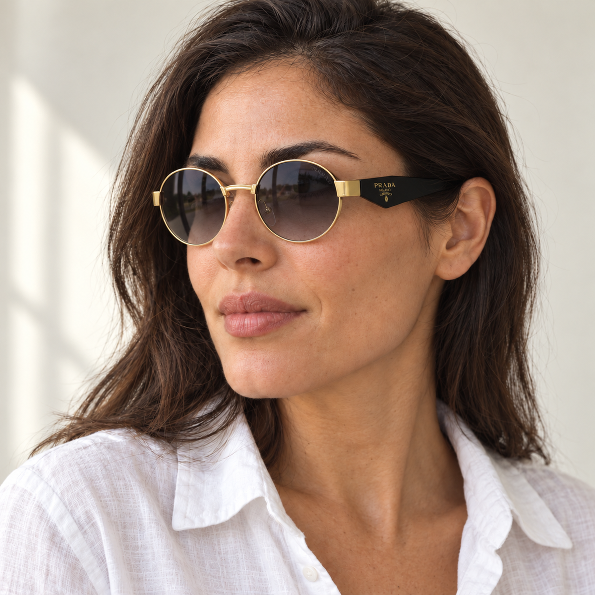 AI-generated styling image: model wearing Prada Milano Classic – Gold Black sunglasses. Fit and scale are illustrative. October 2026 refresh.