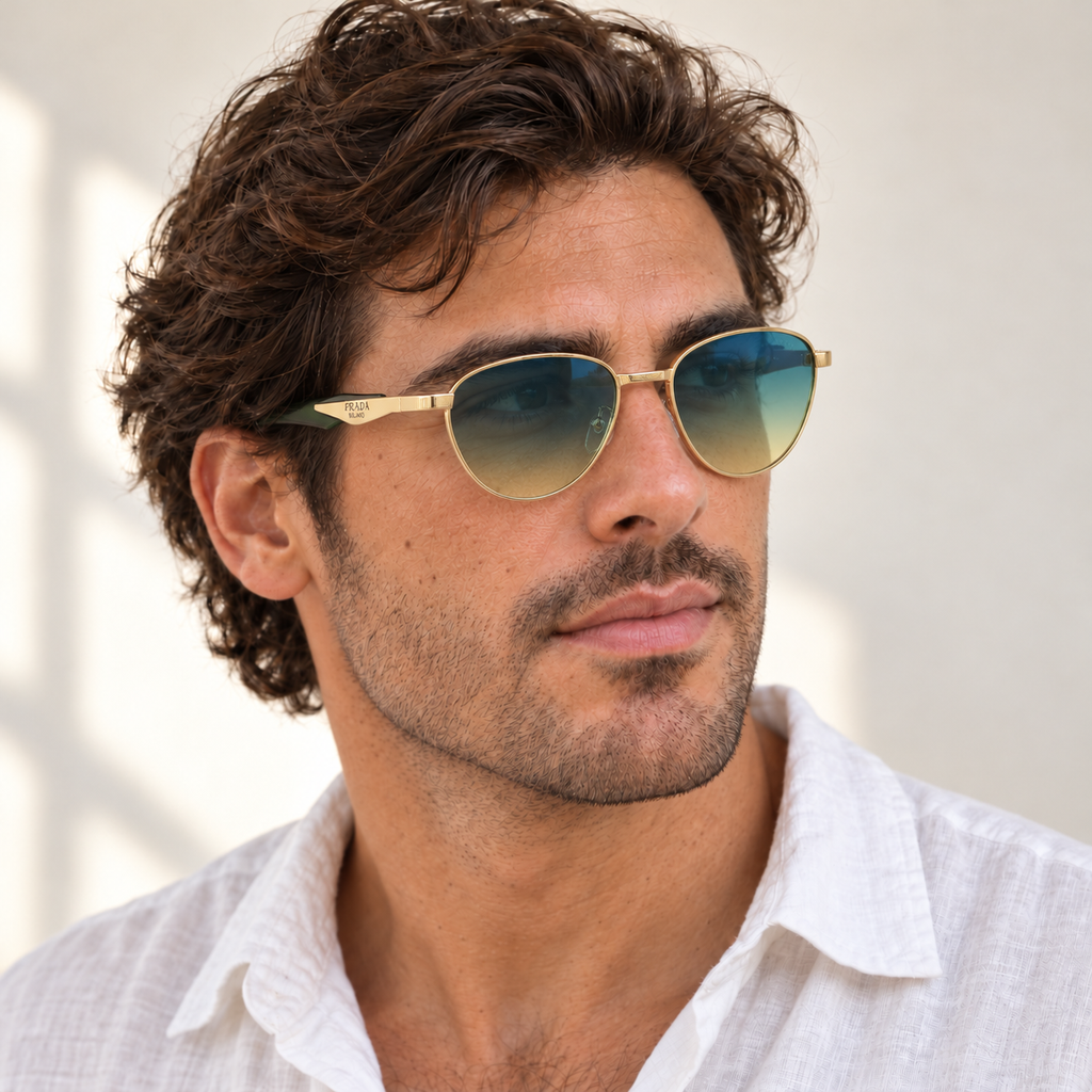 AI-generated styling image: model wearing Prada Milano PRB502 – Gold Blue Gradient sunglasses. Fit and scale are illustrative. October 2026 refresh.