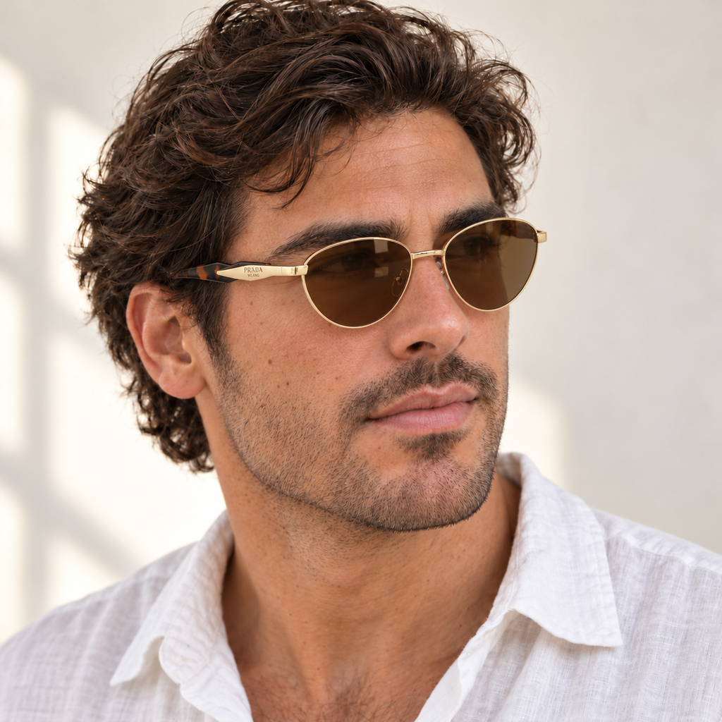 AI-generated styling image: model wearing Prada Milano PRB502 – Gold Brown sunglasses. Fit and scale are illustrative. October 2026 refresh.