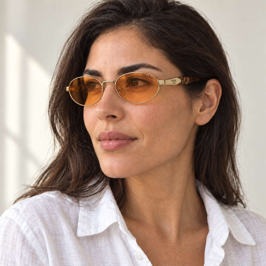 AI-generated styling image: model wearing Prada Oval PR4193 – Gold Orange sunglasses. Fit and scale are illustrative. October 2026 refresh.
