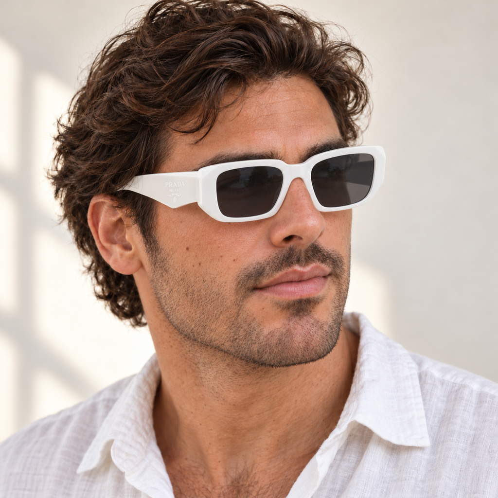AI-generated styling image: model wearing Prada PR17WS – White sunglasses. Fit and scale are illustrative. October 2026 refresh.