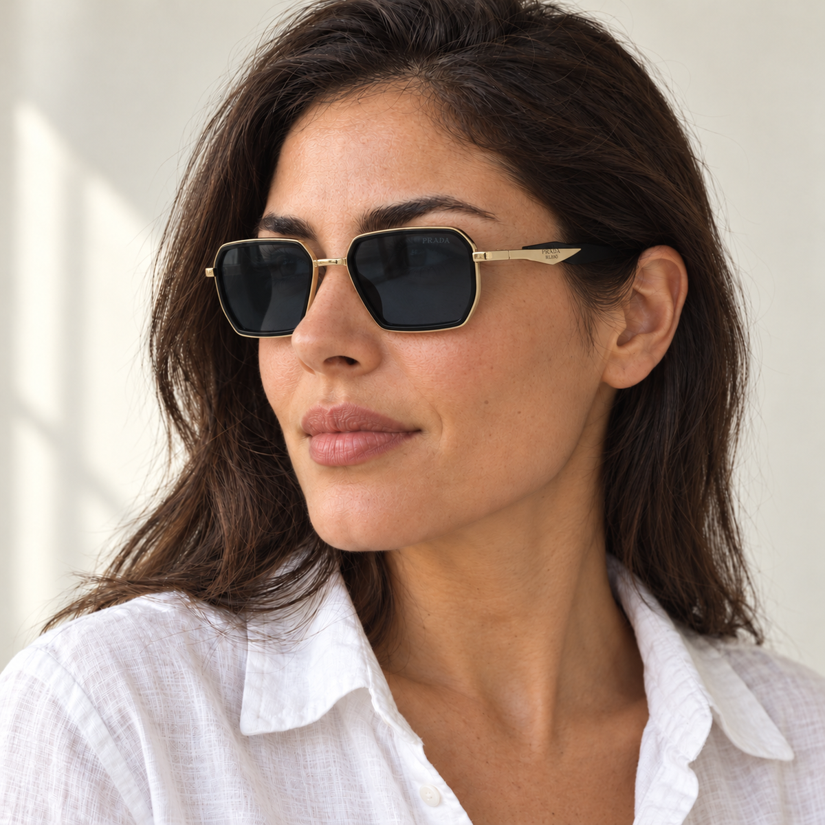 AI-generated styling image: model wearing Prada PR48 – Gold Black sunglasses. Fit and scale are illustrative. October 2026 refresh.