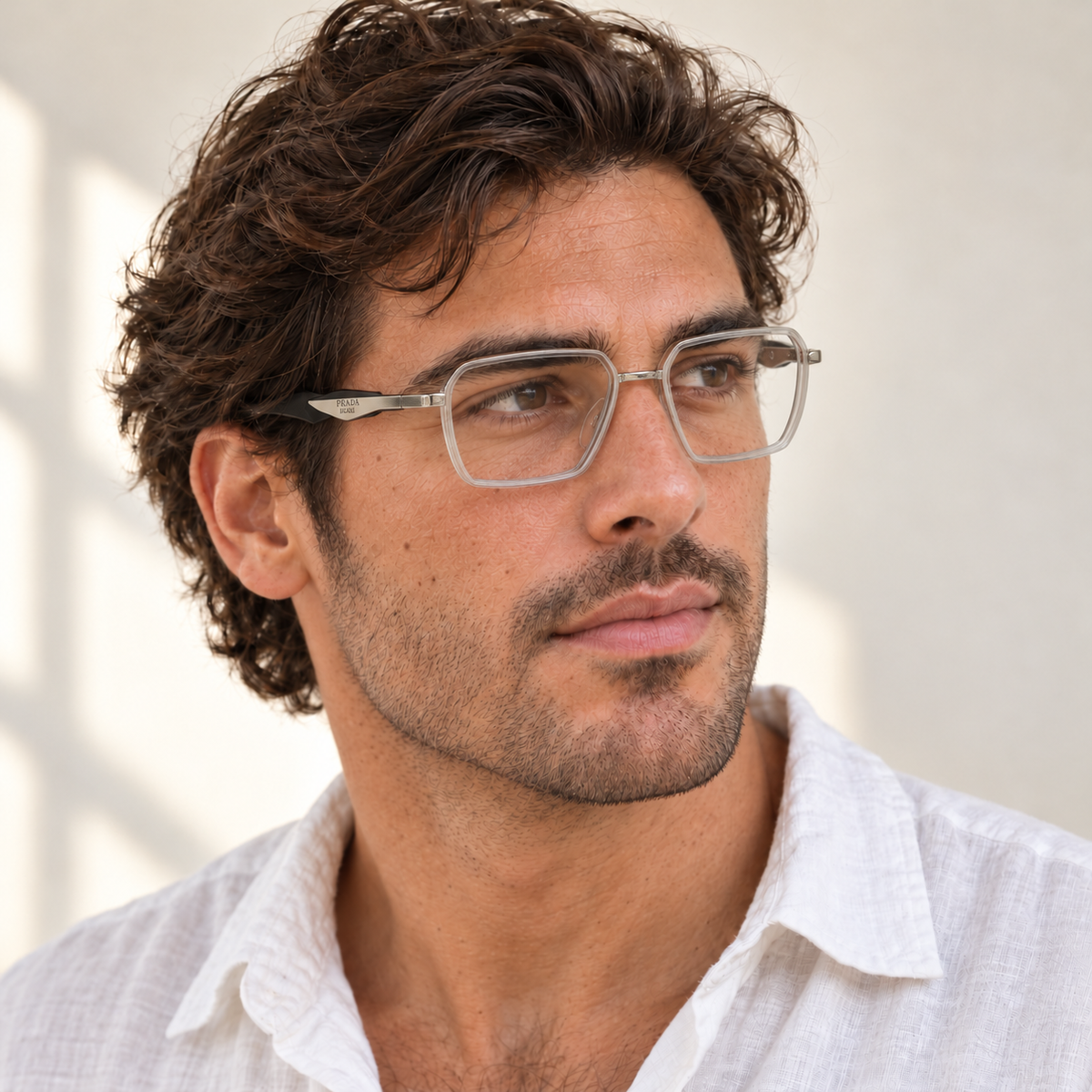 AI-generated styling image: model wearing Prada PR48 – Silver Clear sunglasses. Fit and scale are illustrative. October 2026 refresh.