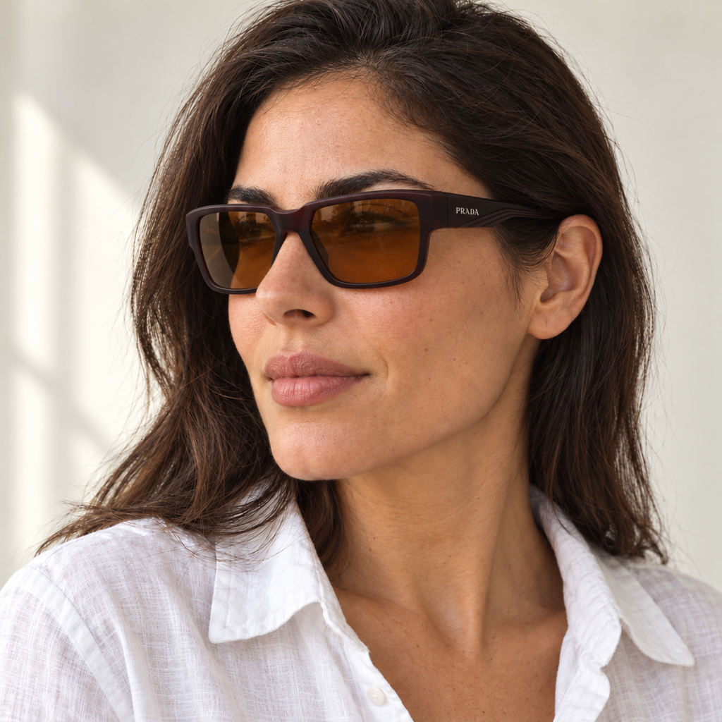 AI-generated styling image: model wearing Prada Rectangular PR5832 – Brown sunglasses. Fit and scale are illustrative. October 2026 refresh.