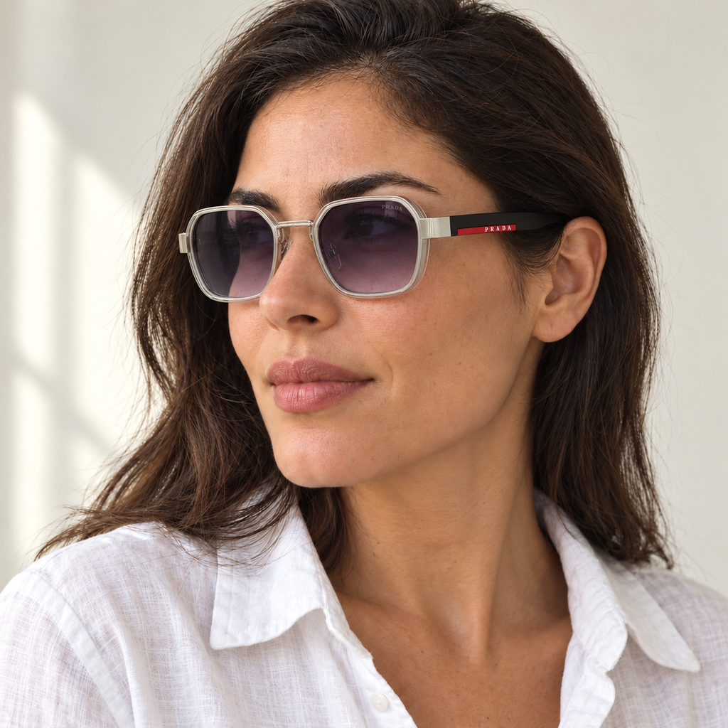 AI-generated styling image: model wearing Prada Rossa PR A12 – Silver Purple sunglasses. Fit and scale are illustrative. October 2026 refresh.