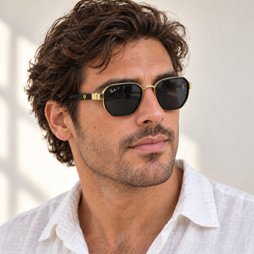 AI-generated styling image: model wearing Ray-Ban Ferrari Polarized - Gold/Black sunglasses. Fit and scale are illustrative. October 2026 refresh.