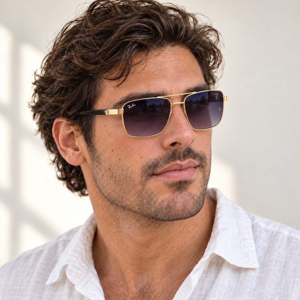 AI-generated styling image: model wearing Ray-Ban Ferrari RB3659M – Gold Black Purple sunglasses. Fit and scale are illustrative. October 2026 refresh.