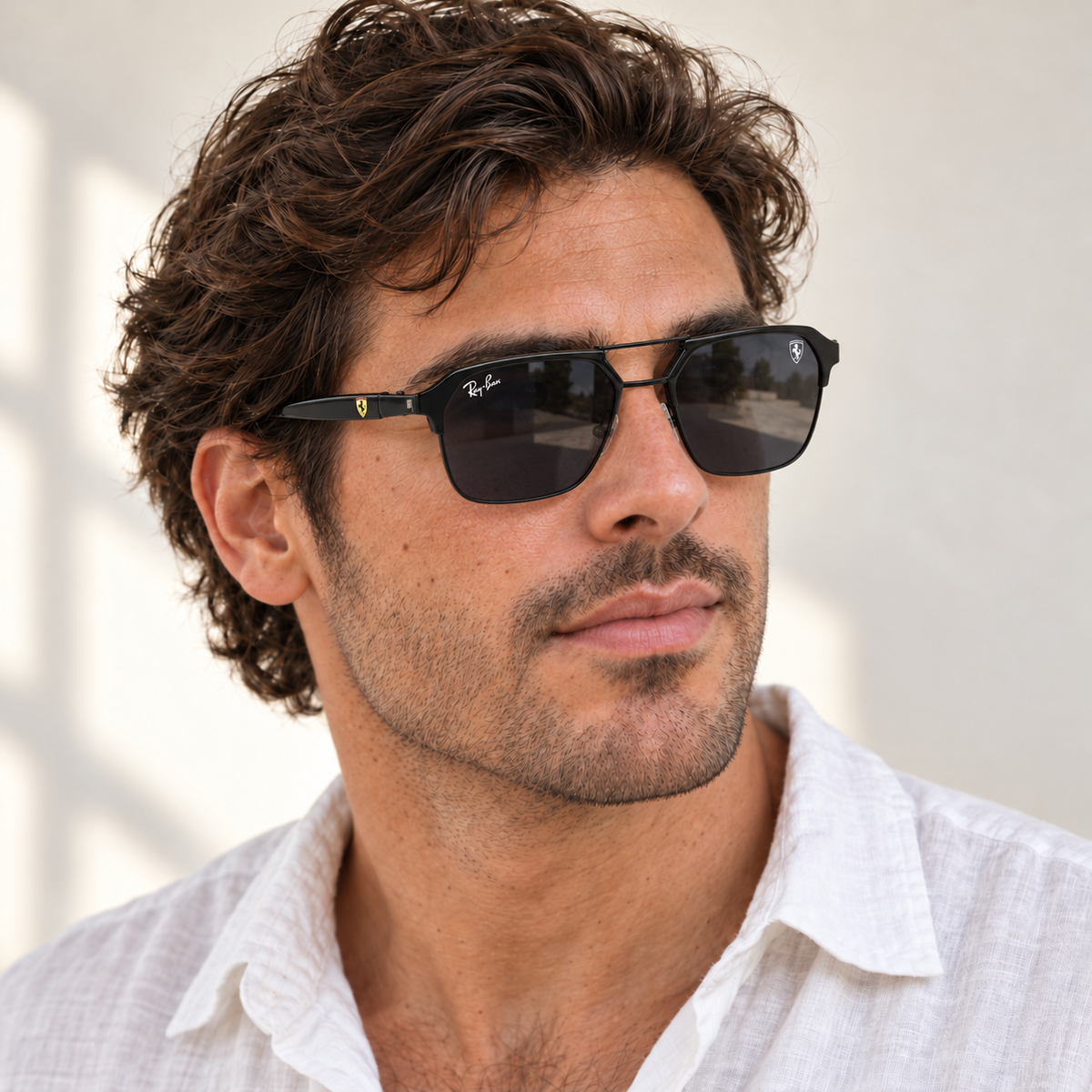 AI-generated styling image: model wearing Ray-Ban Ferrari RB3447M – Black sunglasses. Fit and scale are illustrative. October 2026 refresh.
