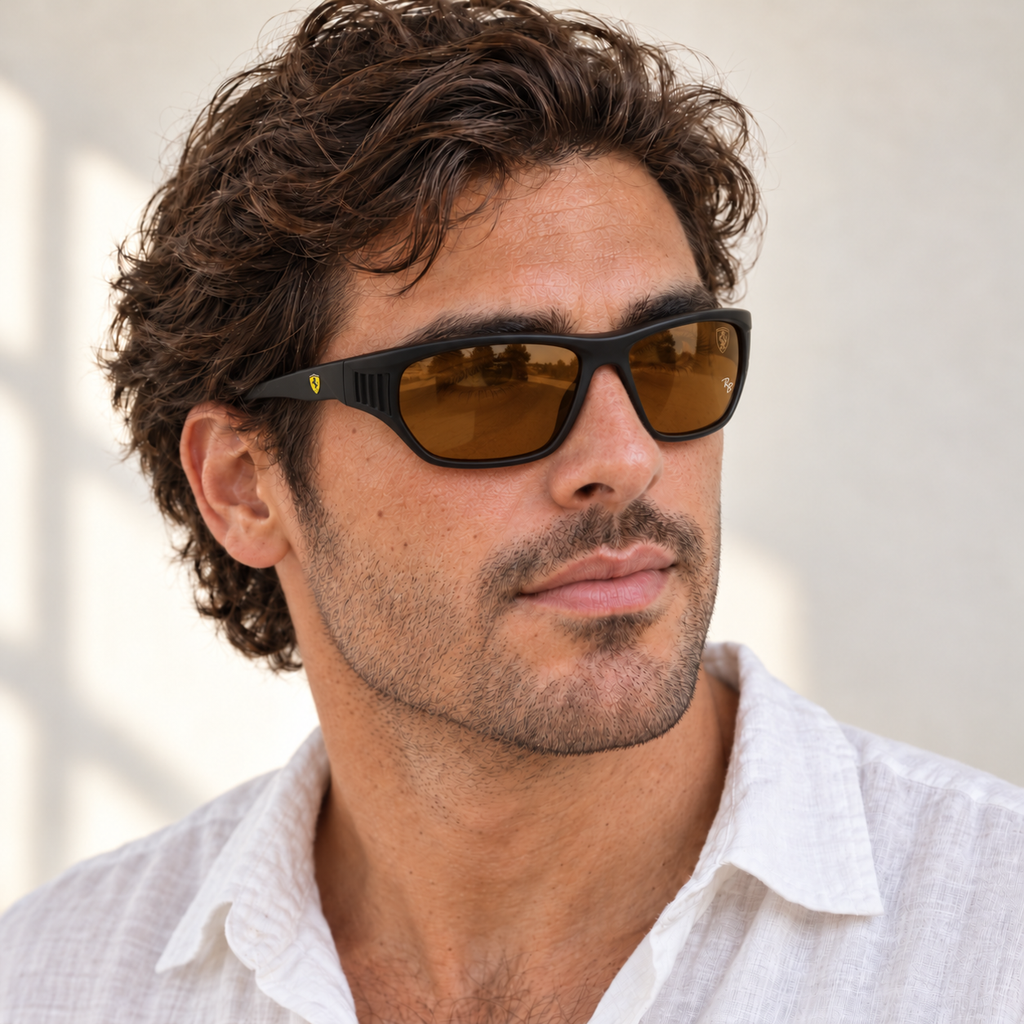 AI-generated styling image: model wearing Ray-Ban Ferrari RB4435M – Black brown sunglasses. Fit and scale are illustrative. October 2026 refresh.