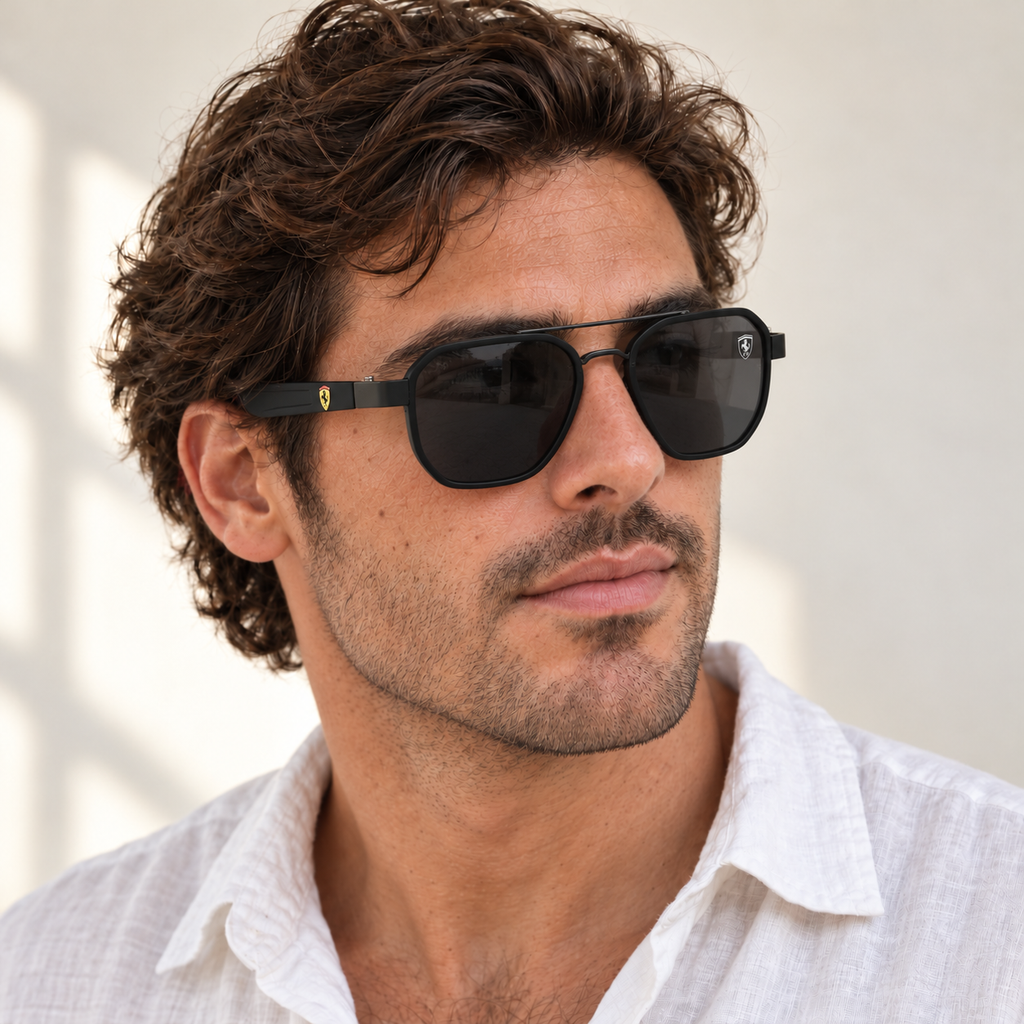 AI-generated styling image: model wearing Ray-Ban Ferrari RB512 – Matte Black sunglasses. Fit and scale are illustrative. October 2026 refresh.