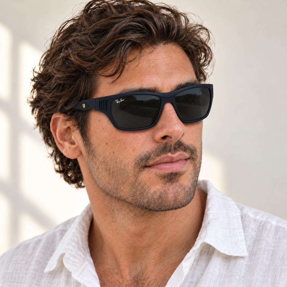 AI-generated styling image: model wearing Ray-Ban Ferrari Square RB4435 – Navy sunglasses. Fit and scale are illustrative. October 2026 refresh.