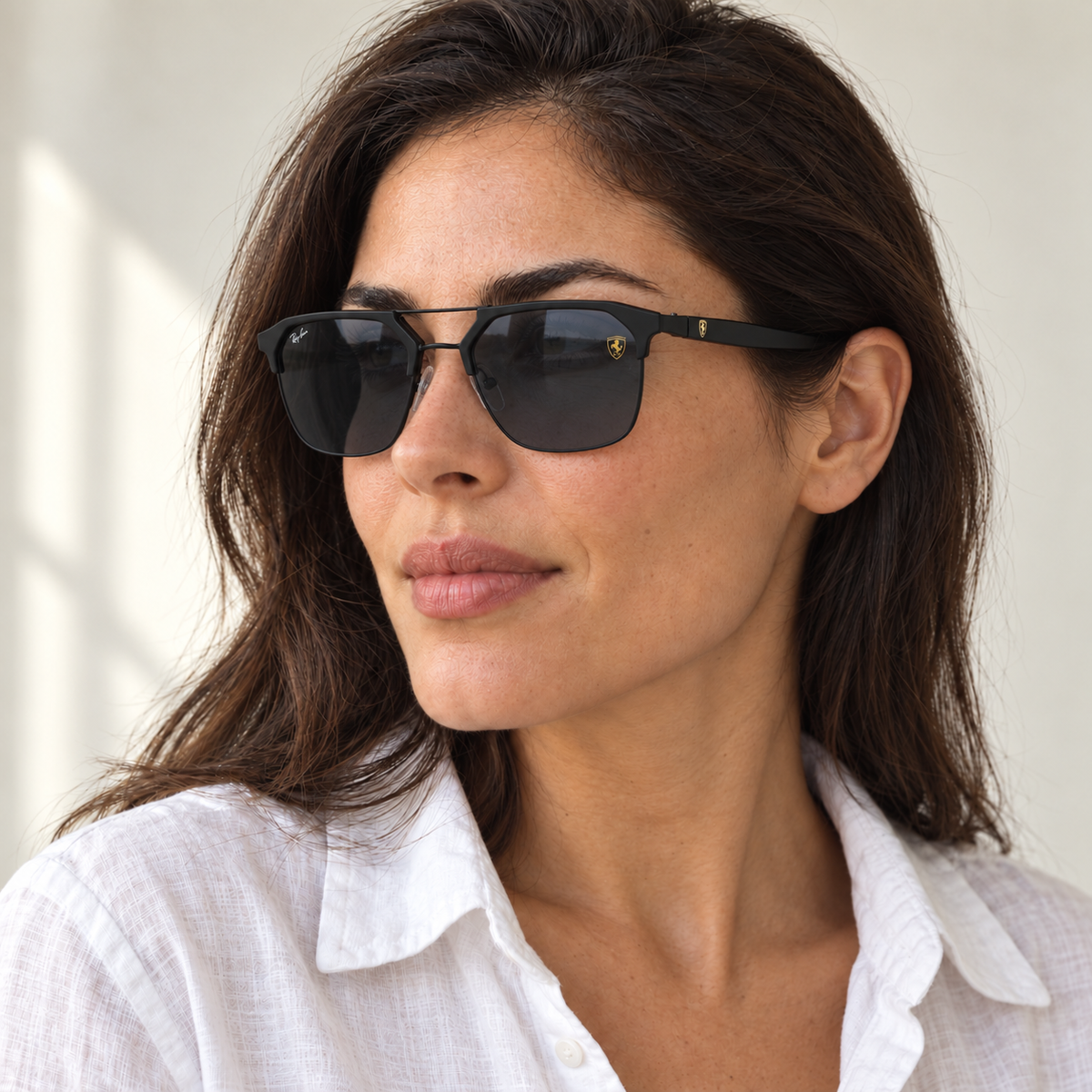 AI-generated styling image: model wearing Ray-Ban Ferrari Clubmaster Edition – Matte Black sunglasses. Fit and scale are illustrative. October 2026 refresh.