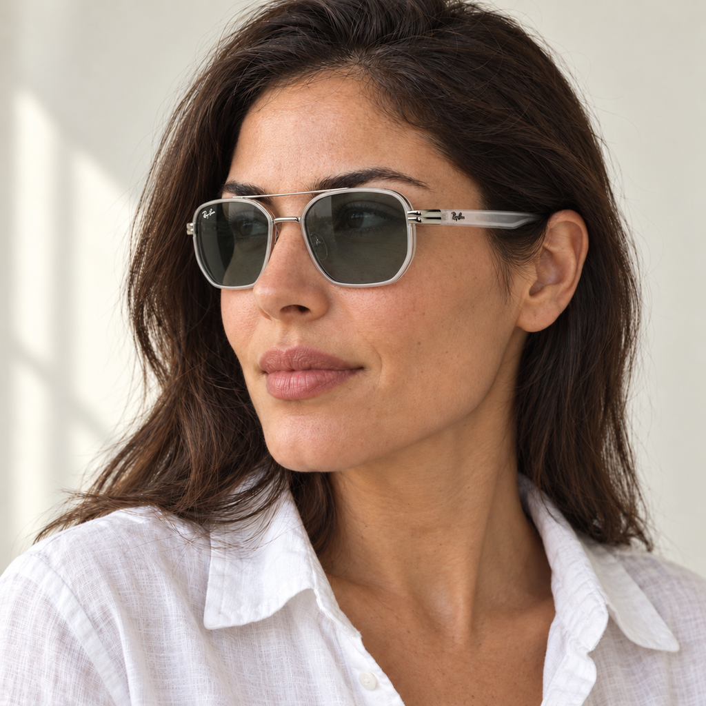 AI-generated styling image: model wearing Ray-Ban RB6284 – White sunglasses. Fit and scale are illustrative. October 2026 refresh.