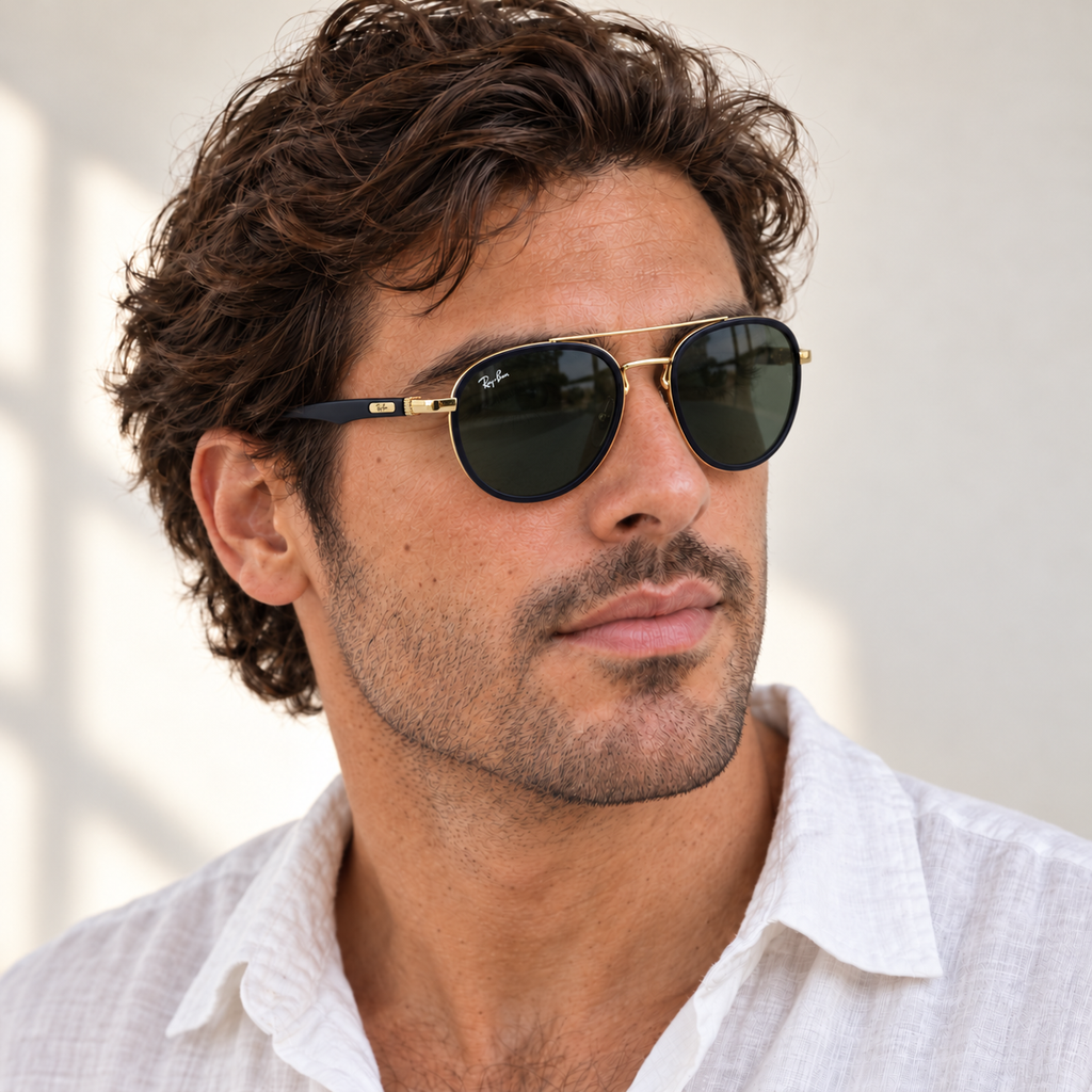 AI-generated styling image: model wearing Ray-Ban Round Aviator RB3857 – Navy Gold Green sunglasses. Fit and scale are illustrative. October 2026 refresh.