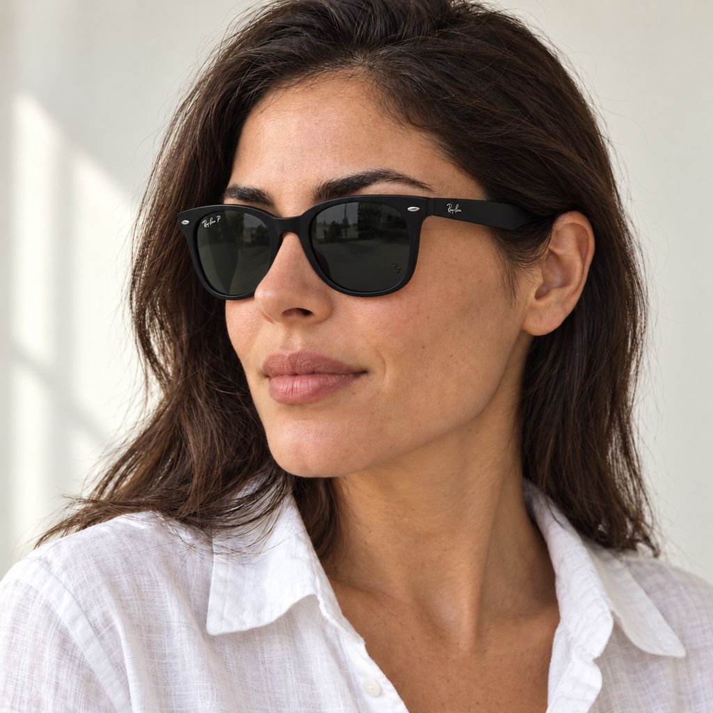AI-generated styling image: model wearing Ray-Ban Round RB4420 – full Black sunglasses. Fit and scale are illustrative. October 2026 refresh.