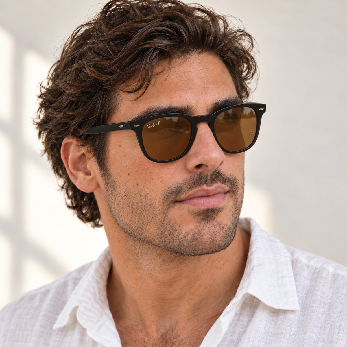 AI-generated styling image: model wearing Ray-Ban Round Wayfarer RB4451 – black Brown sunglasses. Fit and scale are illustrative. October 2026 refresh.