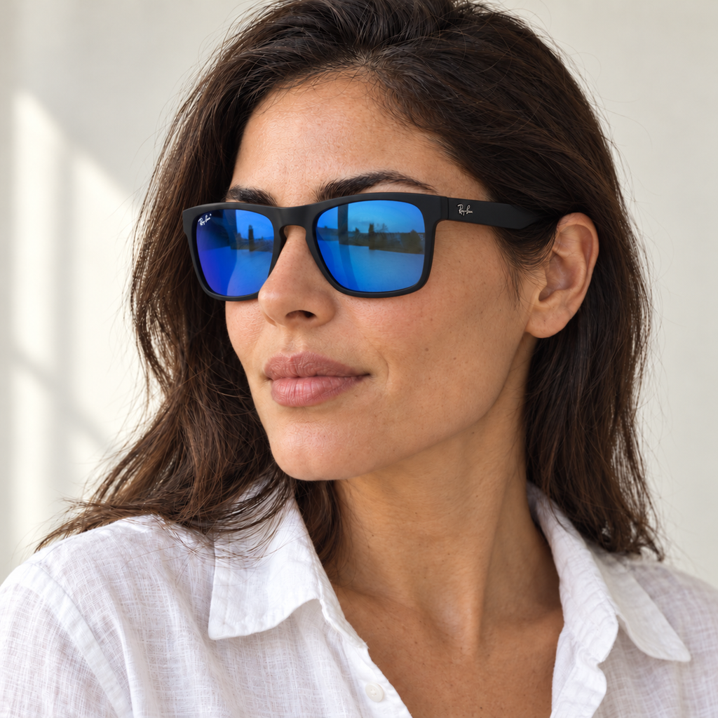 AI-generated styling image: model wearing Ray-Ban Square RB4387 – Black Blue sunglasses. Fit and scale are illustrative. October 2026 refresh.